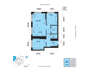 Планировка 3-комнатные 64,6 м²