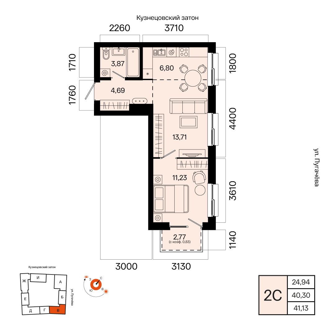 Планировка 2-комнатная квартира 41,1 м² в ЖК «Первый Остров», 6 этаж — 9 322 500 ₽