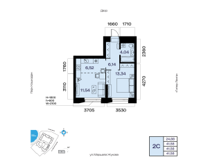 Планировка 2-комнатные 41,6 м²
