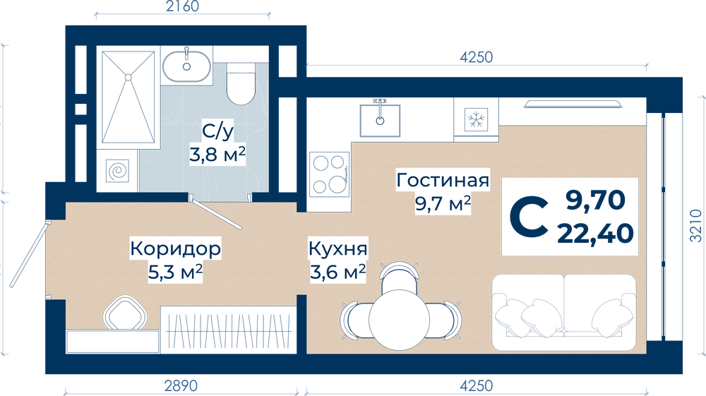 Планировка: Студия, 22.4 м²