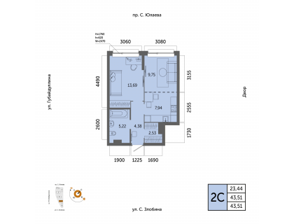 Планировка 2-комн. · 43.5 м²