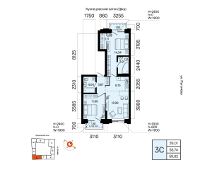 Планировка 3-комнатные 59,8 м²