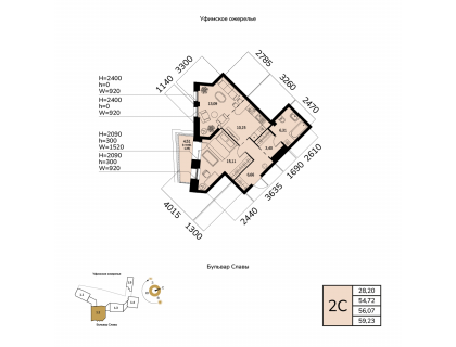 Планировка 2-комн. · 56.1 м²