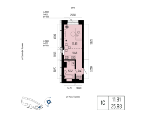 Планировка 1-комнатные 26 м²