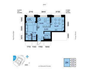 Планировка 2-комнатные 54,1 м²