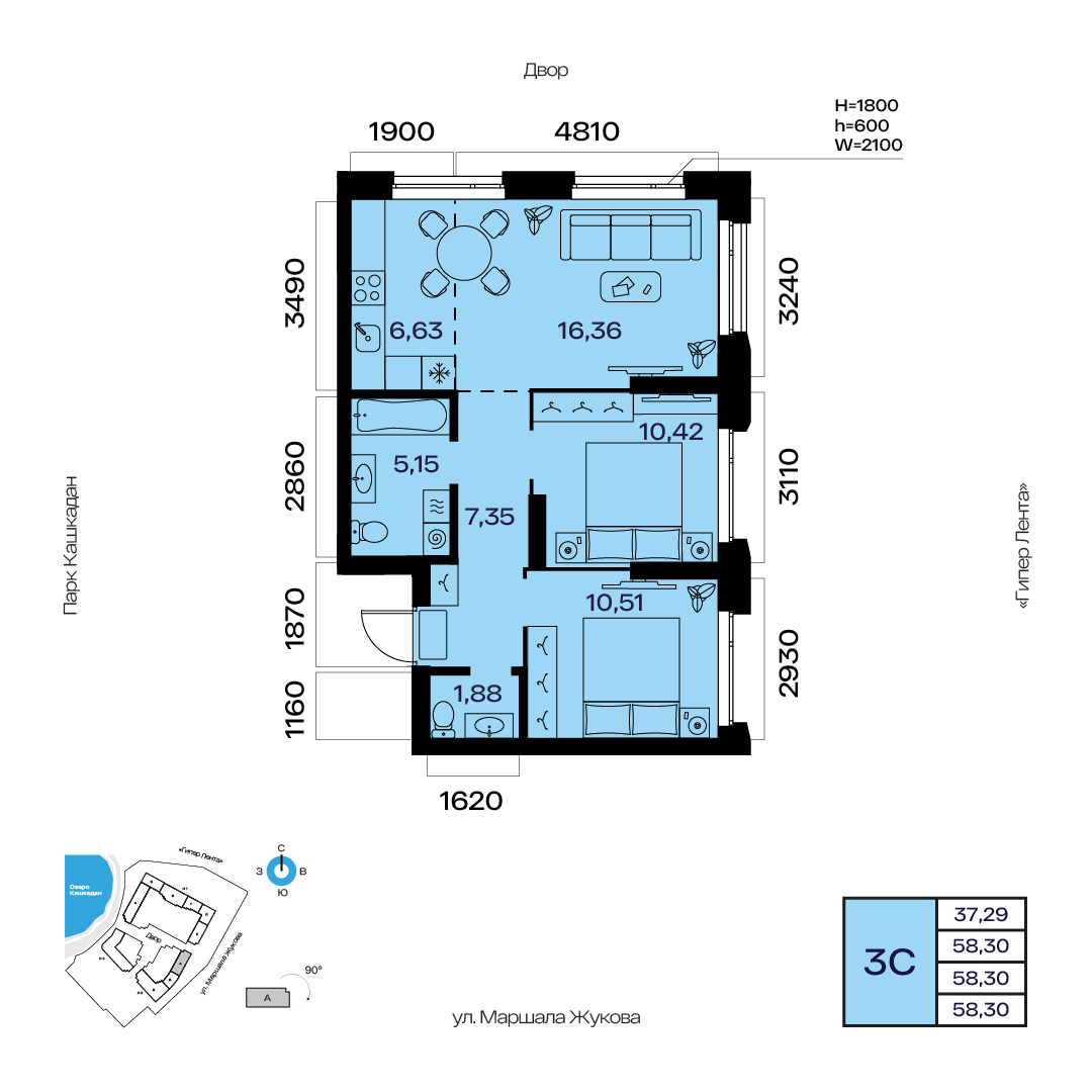 Планировка 3-комнатная квартира 58,3 м² в ЖК «Атлантис», 4 этаж — 12 018 400 ₽