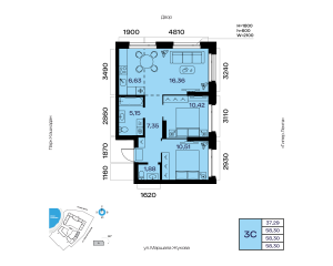 Планировка 3-комнатные 58,3 м²