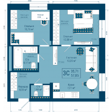 Планировка: 3-комн. квартира, 57.9 м²