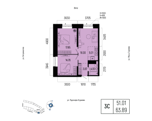Планировка 3-комнатные 63,9 м²