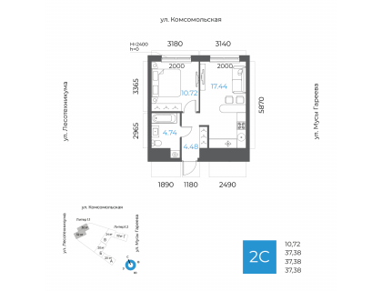 Планировка 2-комн. · 37.4 м²