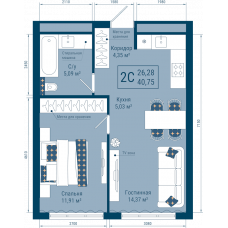 Планировка: 2-комн. квартира, 40.8 м²