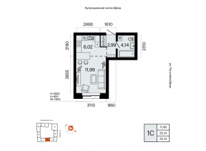 1-комн. 25,1 м² — Первый Остров
