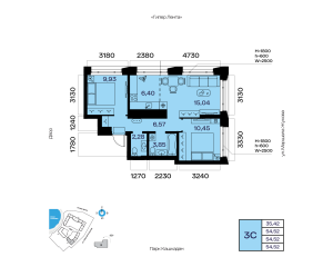 Планировка 3-комнатные 54,5 м²