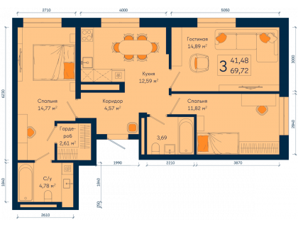 Планировка 3-комн. · 69.7 м²