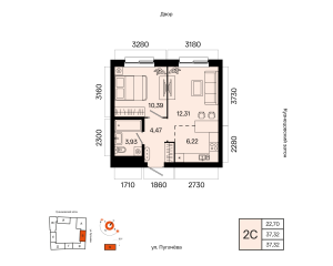 Планировка 2-комнатные 37,3 м²