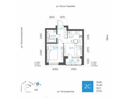 Планировка 2-комн. · 36.1 м²