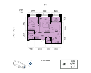 Планировка 3-комнатные 56,3 м²