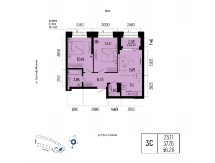 Планировка 3-комн. · 56.3 м²