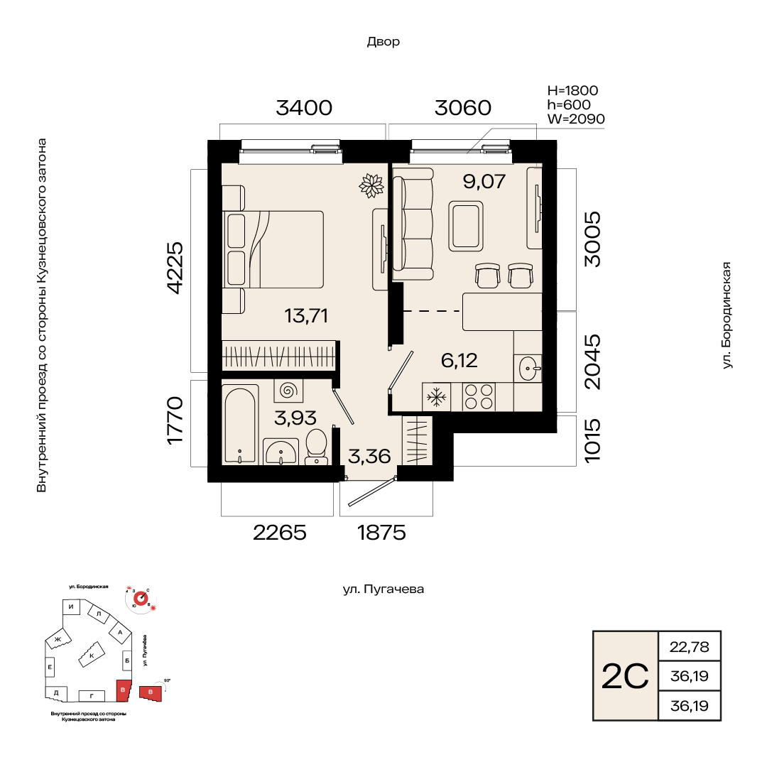Планировка 2-комнатная квартира 36,2 м² в ЖК «МИР», 20 этаж — 6 843 500 ₽