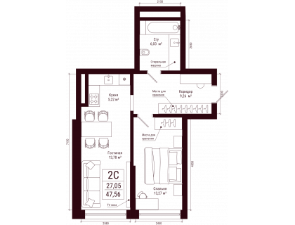 Планировка 2-комн. · 47.6 м²