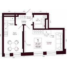 Планировка: 1-комн. квартира, 43 м²