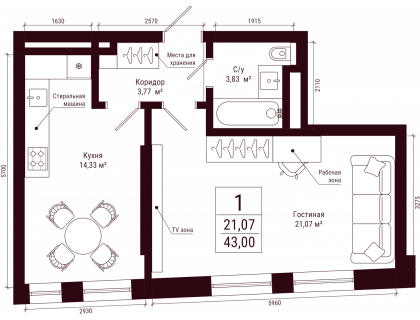 Планировка 1-комн. · 43 м²