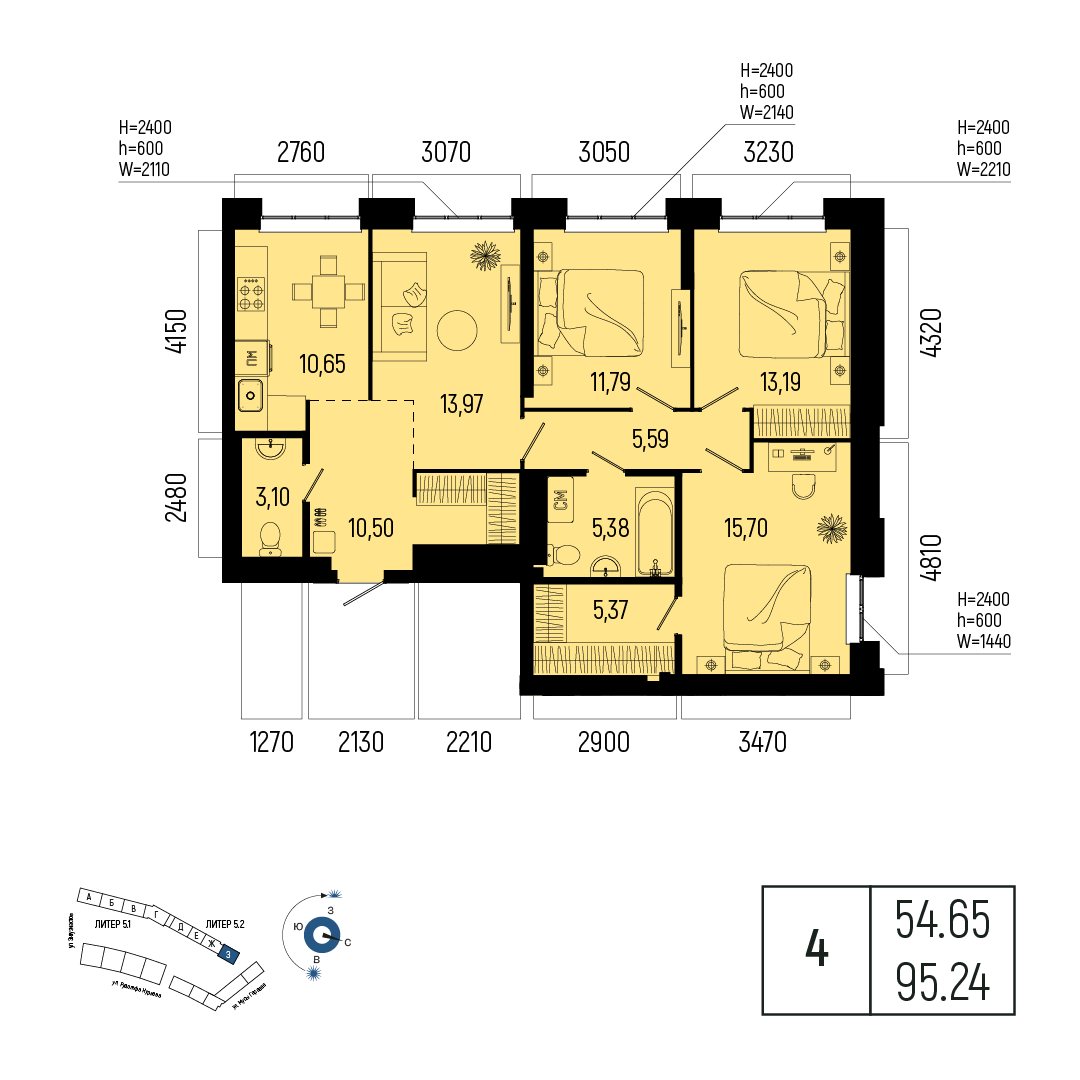 Планировка 4-комнатная квартира 95,2 м² в ЖК «Новатор», 25 этаж — 21 906 200 ₽