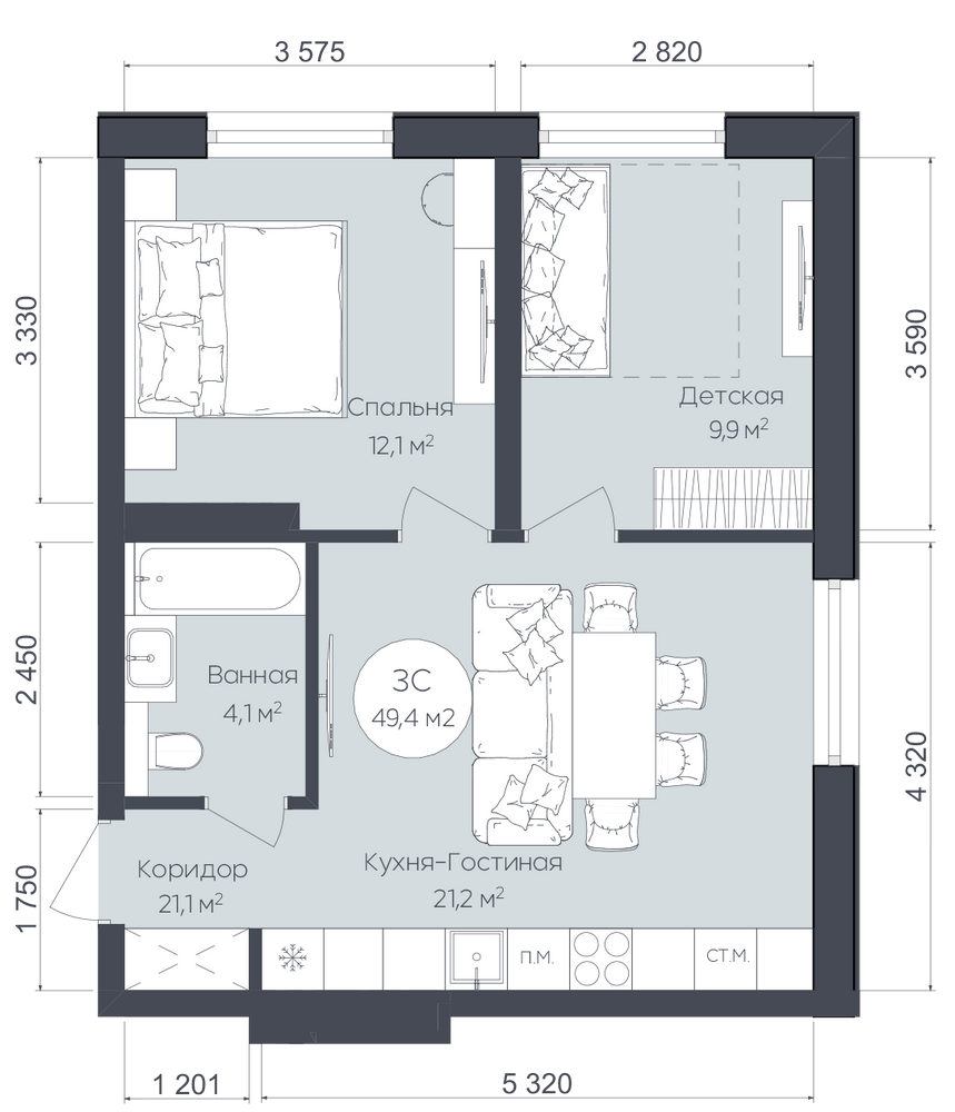 Планировка: 3-комн. квартира, 49.4 м²