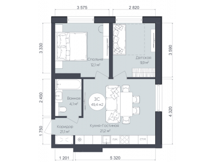 Планировка 3-комн. · 49.4 м²