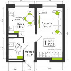 Планировка: 1-комн. квартира, 27.3 м²