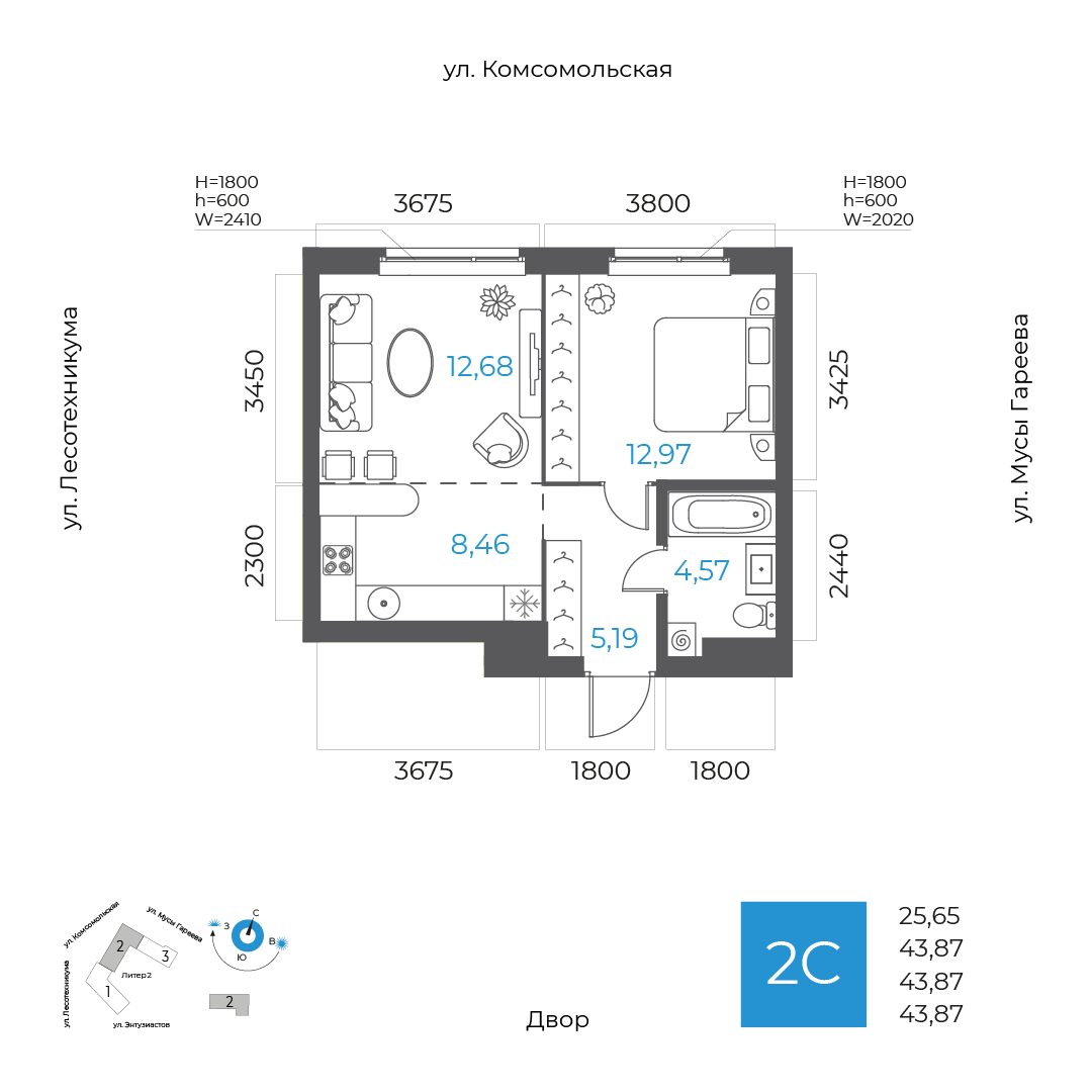 Планировка 2-комнатная квартира 43,9 м² в ЖК «8 НЕБО», 5 этаж — 9 308 100 ₽
