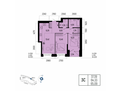 Планировка 3-комн. · 65.1 м²