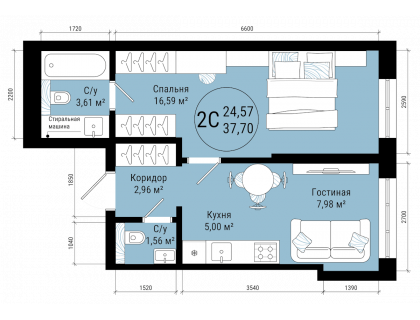 Планировка 2-комн. · 37.7 м²