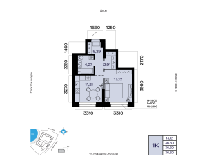 Планировка 1-комнатные 36,8 м²
