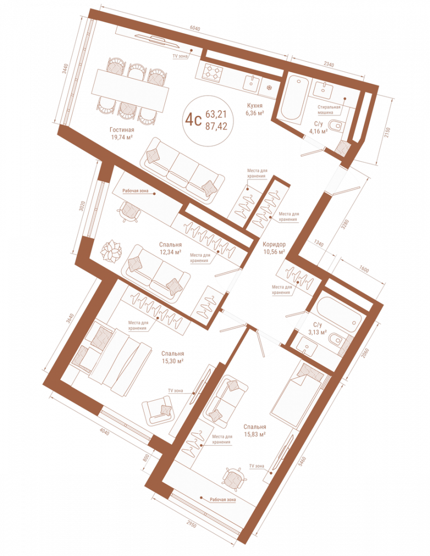 Планировка 4-комнатная квартира 86,9 м² в ЖК «DIVO», 25 этаж — 16 991 325 ₽