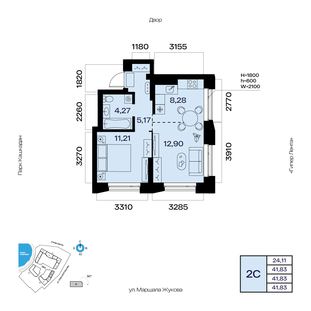 Планировка 2-комнатная квартира 41,8 м² в ЖК «Атлантис», 12 этаж — 9 358 900 ₽