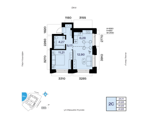Планировка 2-комнатные 41,8 м²