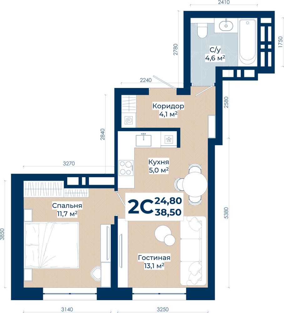 Планировка: 2-комн. квартира, 38.5 м²