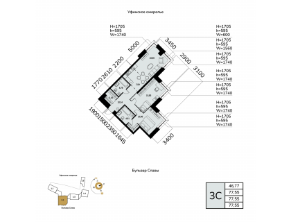Планировка 3-комн. · 77.6 м²