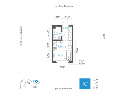 Планировка 1-комн. · 21.8 м²