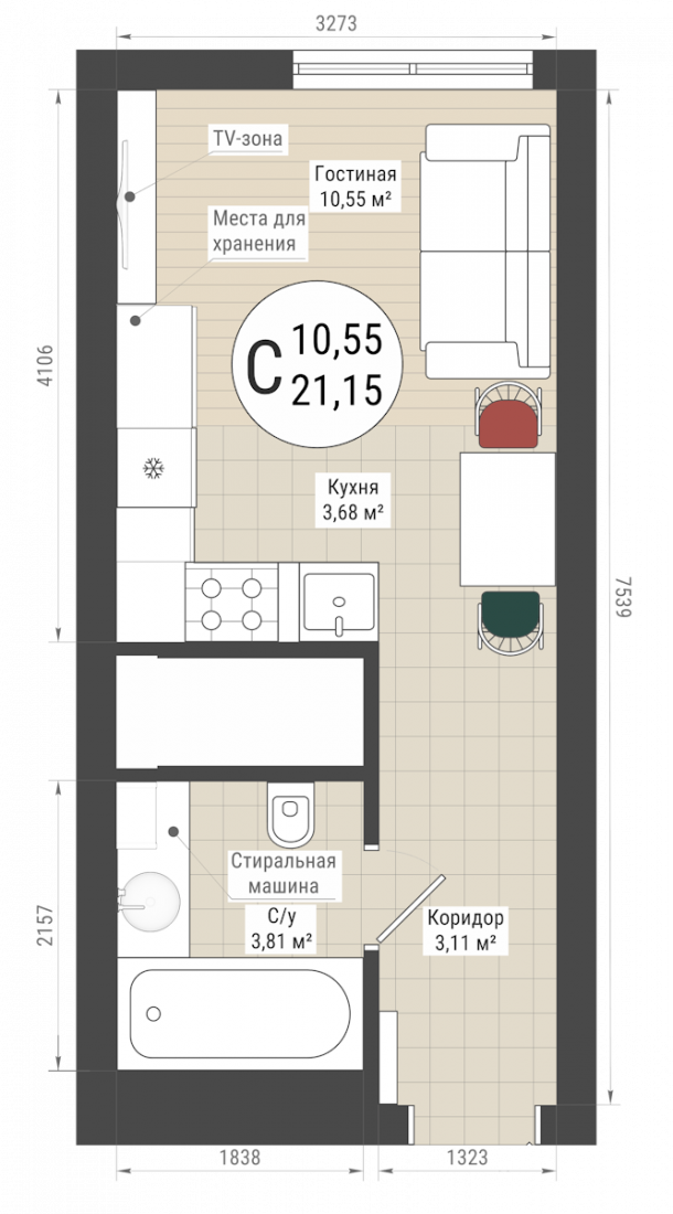 Планировка: Студия, 21.2 м²