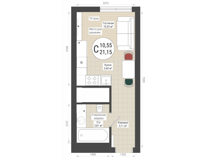 Планировка Студия · 21.2 м²