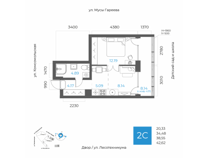 Планировка 2-комн. · 38.6 м²