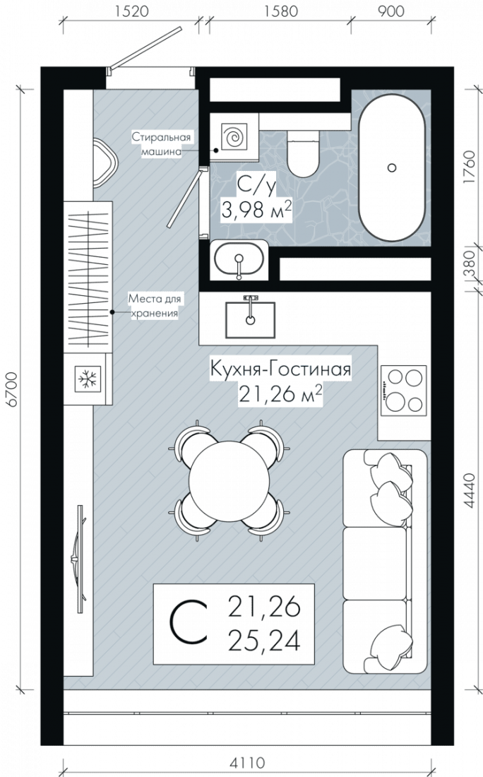 Планировка: Студия, 25.2 м²