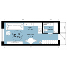 Планировка: 1-комн. квартира, 27.3 м²
