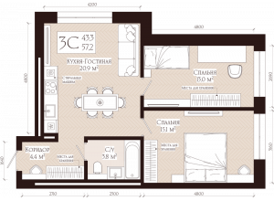 3-комн. · 57.2 м²