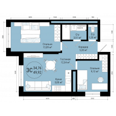 Планировка: 3-комн. квартира, 49.9 м²