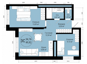 3-комн. · 49.9 м²