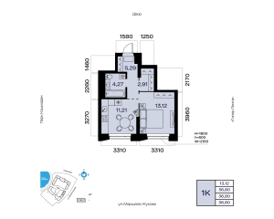 Планировка 1-комнатные 36,8 м²