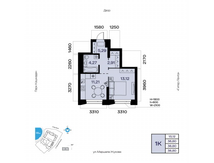 Планировка 1-комн. · 36.8 м²